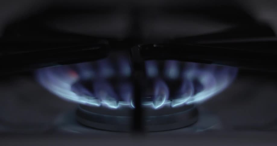 An ignited gas burner on an oven