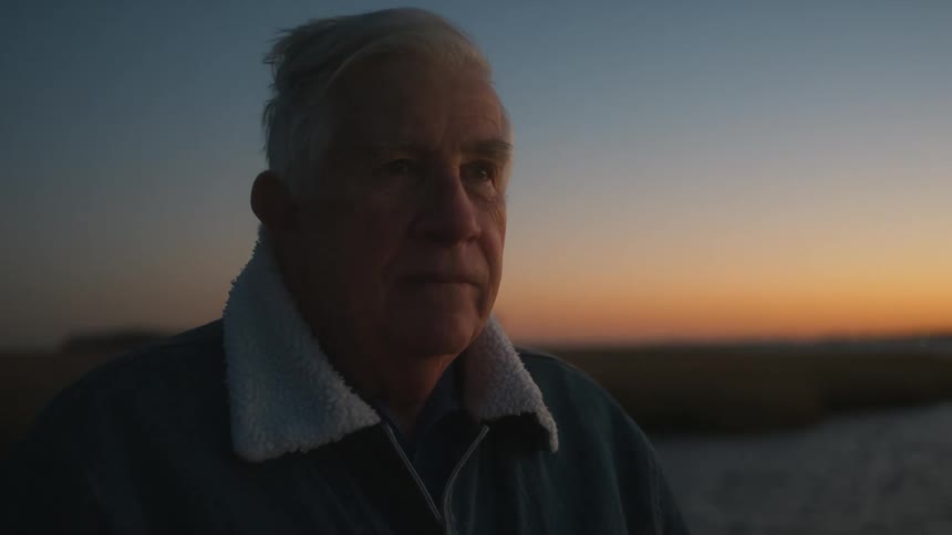 Elderly man with denim jacket looks into space next to lake at sunset