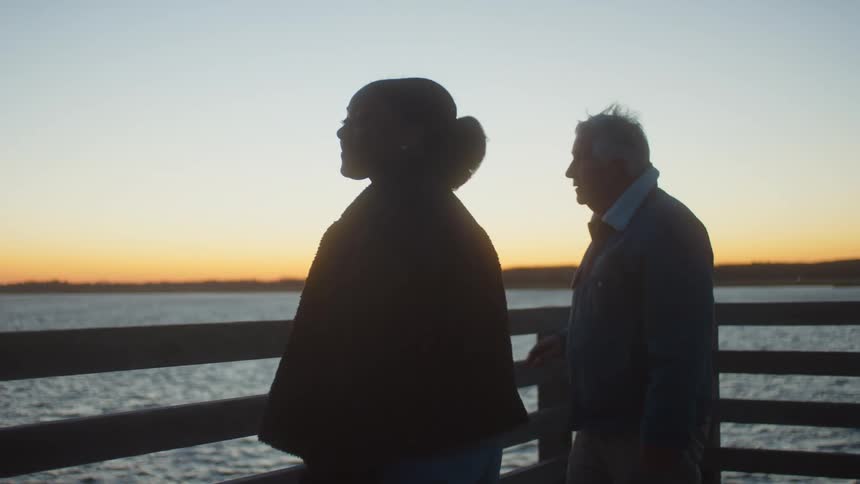 A man and woman walk together on the pier