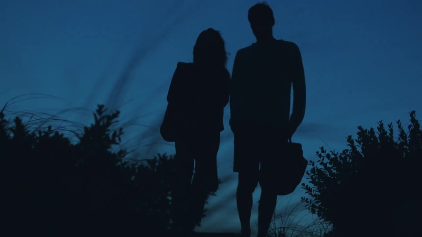 Grass is blowing in the wind and there is a silhouette of two people walking by carrying a backpack