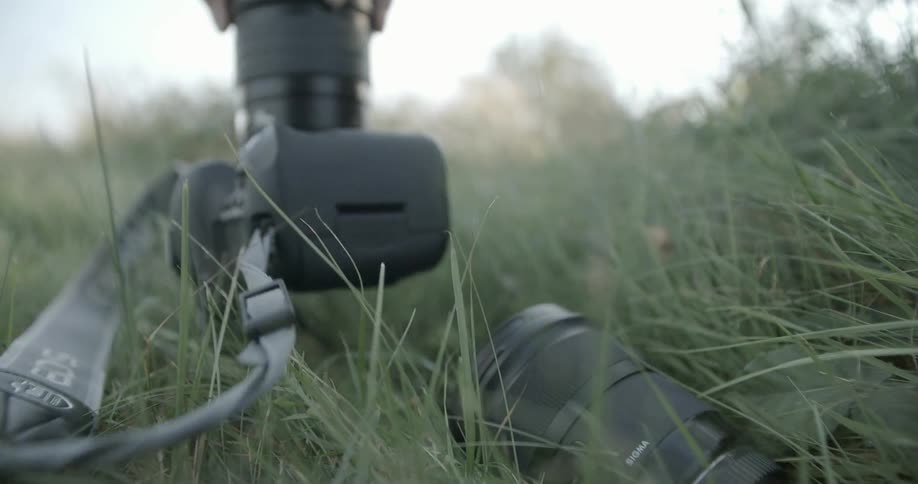 A camera is picked up from the grass