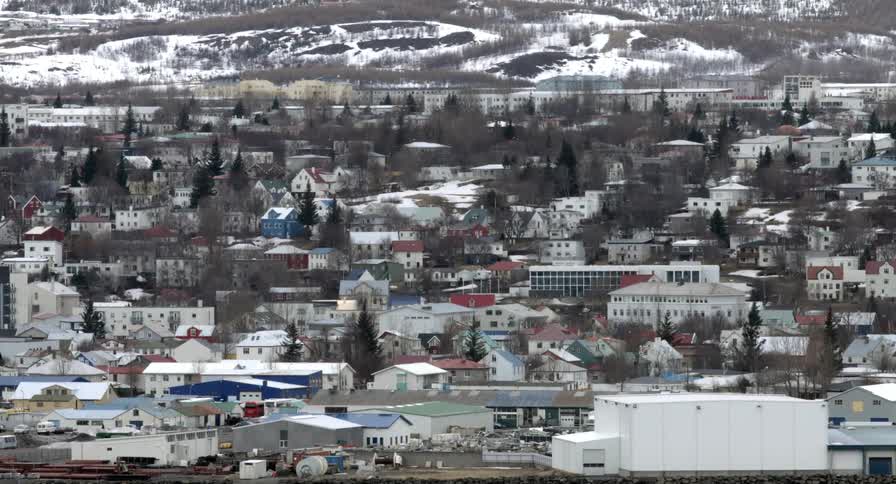 Aerial view of a medium-sized village on a winter day