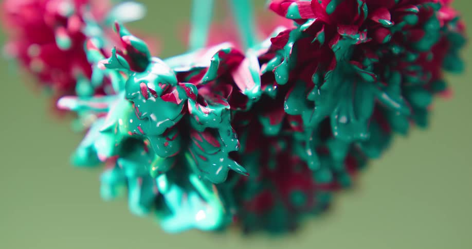 Green paint is dripping from a red carnation flower