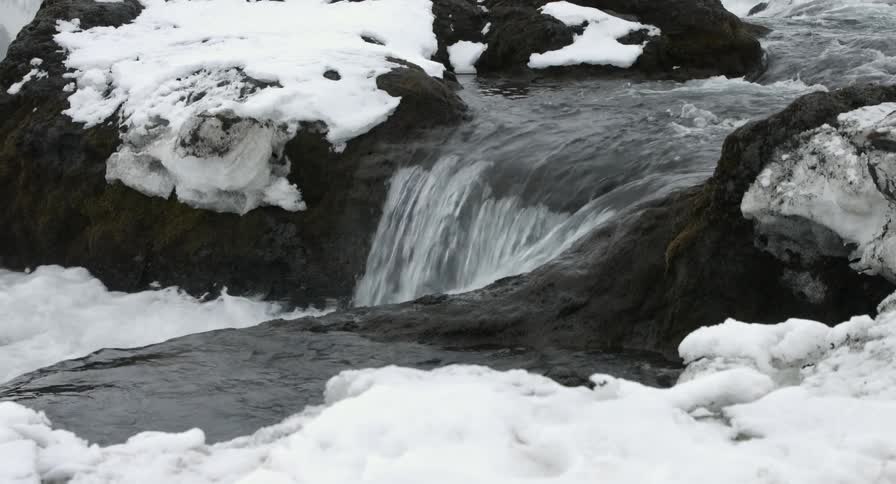 A stream is moving surrounded by snow and ice