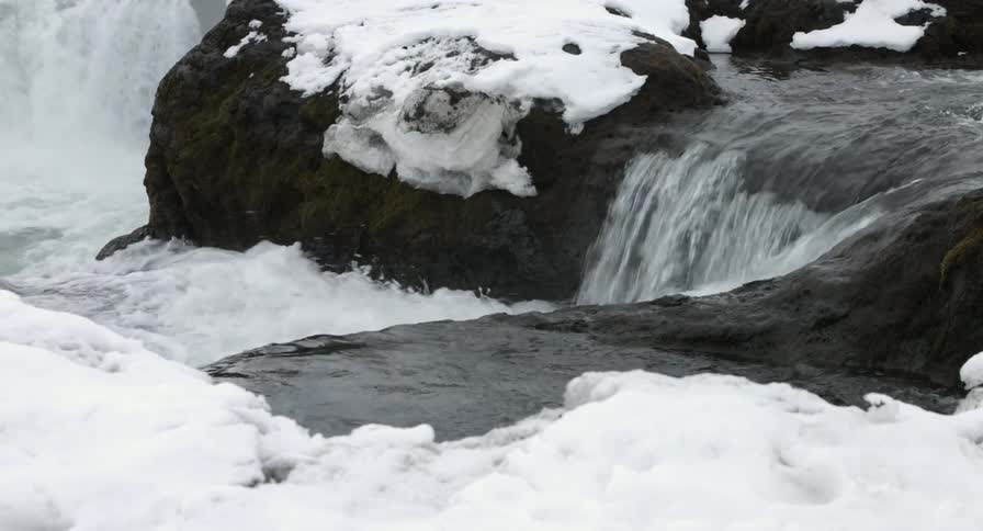 A river flows down a rocky in a snowy area