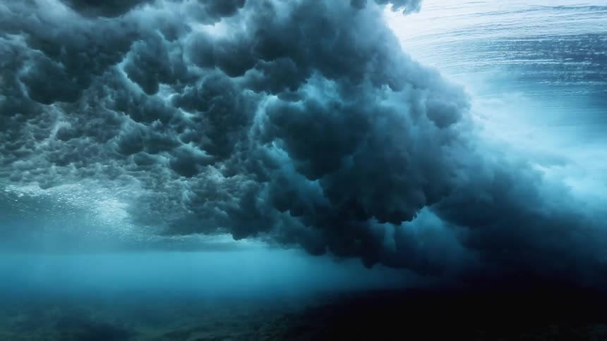 Storm waves crash underwater