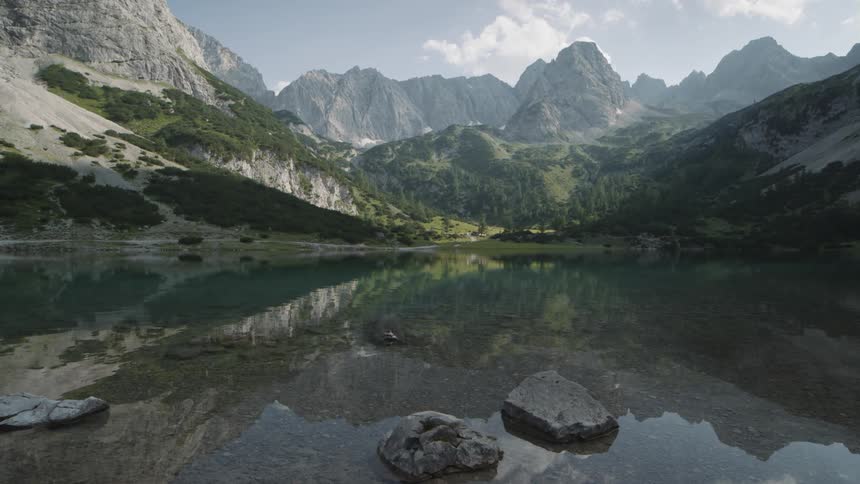 A lake at the base of a mountain range