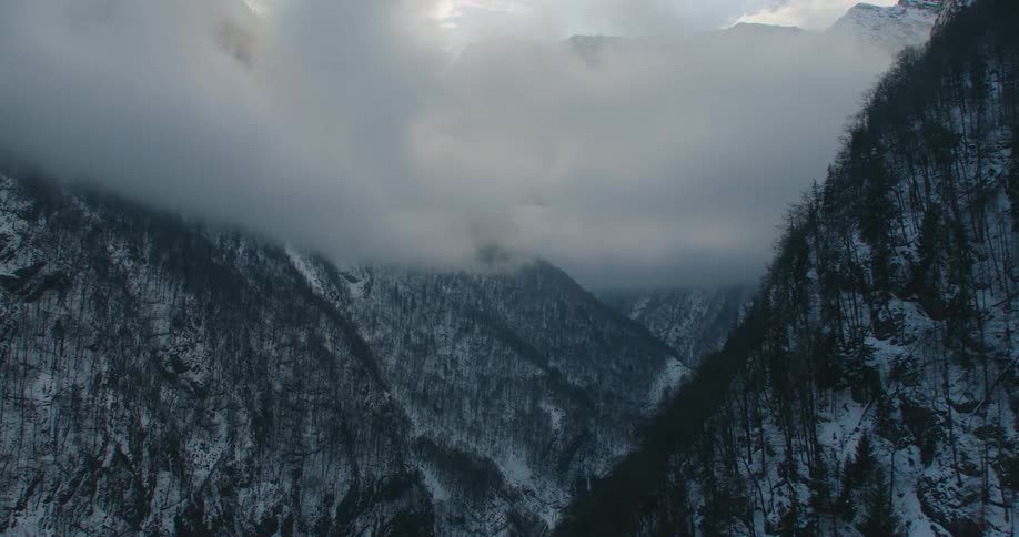 Snow covered forested mountains under a cloudy sky