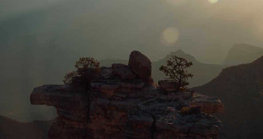 Trees and rocks on a ledge overlooking mountains in the distance