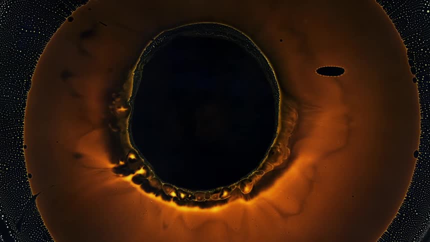 Orange and yellow circles expand into the blackness with small white dots on the outside