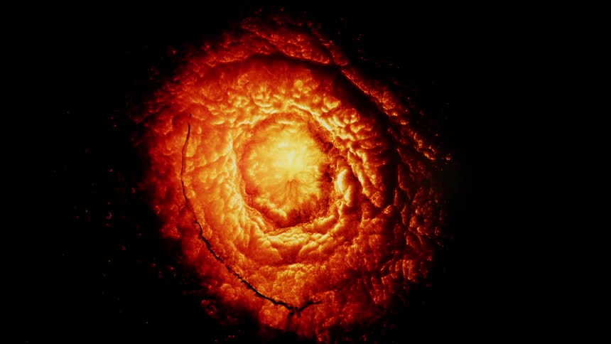 A red orange and yellow circle of colors explode out of a black background like a flaming sun portal surrounded by solar clouds