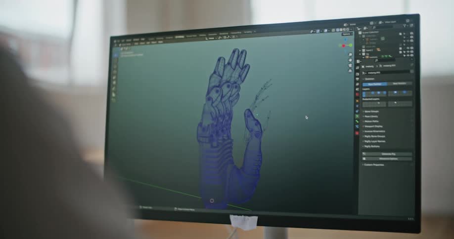 Programmer moving a digitally rendered hand on a computer screen