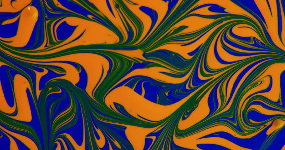 A blue and orange work of art with green highlights