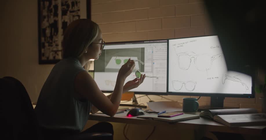 A woman designs sunglasses in her home office