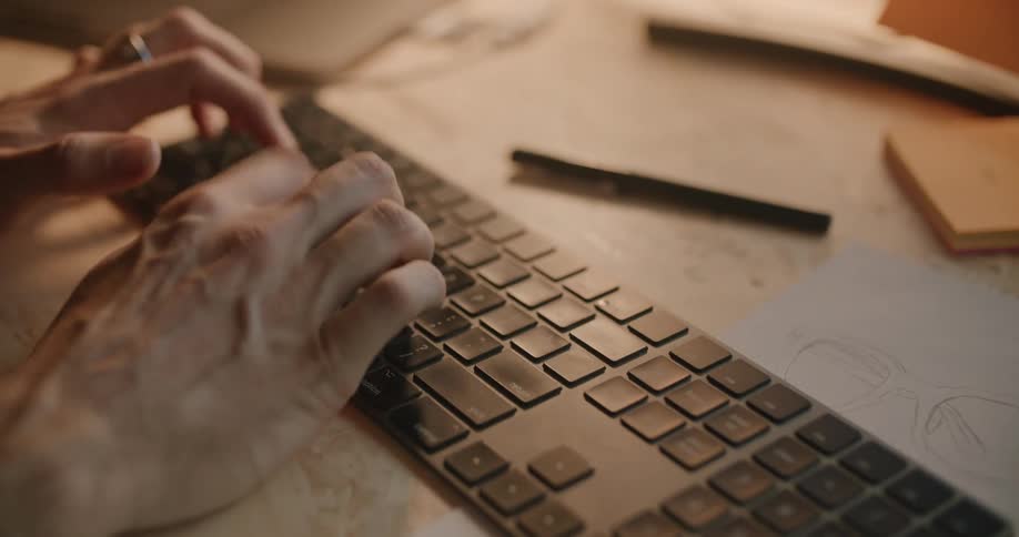 Mans hands types on computer keyboard