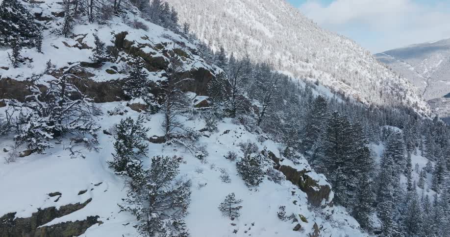 Aerial view of snow covered mountains are displayed