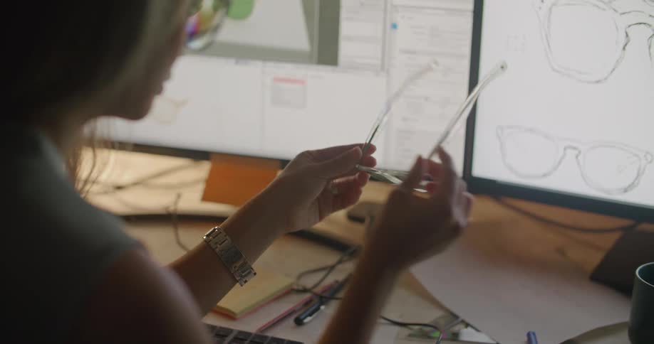 A woman is examining sunglasses in front of her computer