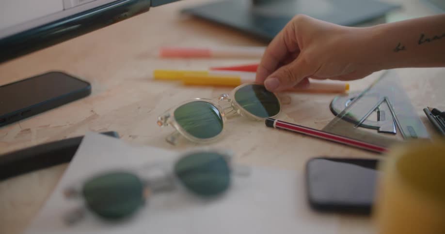A designer picks up a pair of sunglasses being sketched and designed