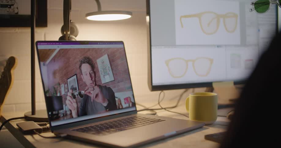 Two people video calling another man through a laptop while they talk about the sunglasses they designed