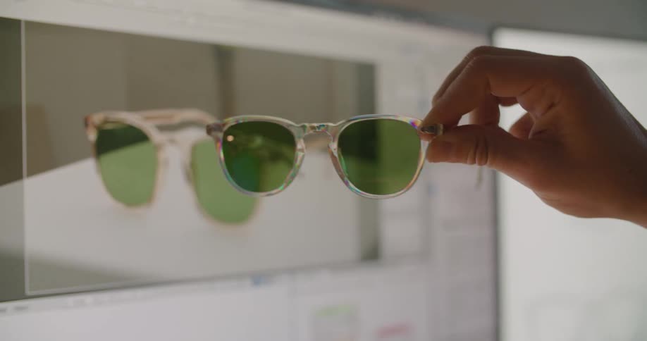 Man and woman comparing the sunglasses theyre holding to a picture of it on the computers screen ahead