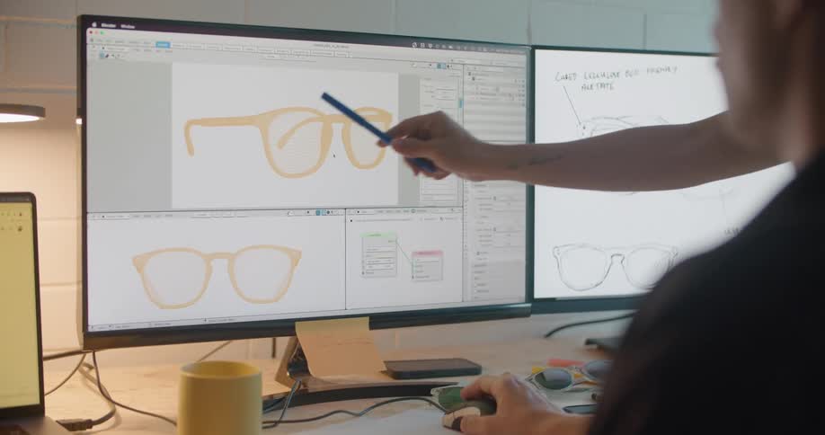 A person is pointing to glasses on the display