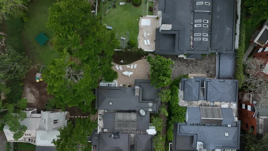 Close up birds eye view of a residential neighborhood in the suburbs