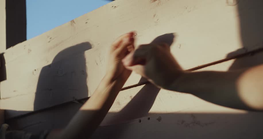 Two people perform shadow puppets together with their hands
