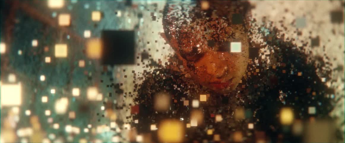 An unconscious digitized woman is floating in an environment of reflective squares and bits in the air as if she was in a matrix