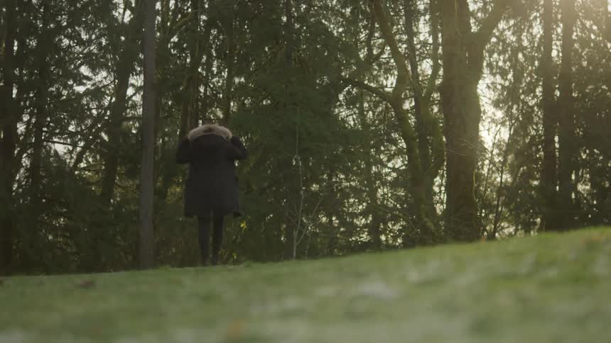 A woman is walking through a wooded area at dusk