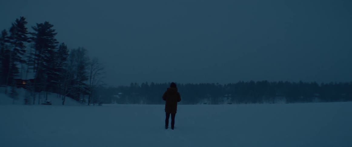 A person walks across a snowy field