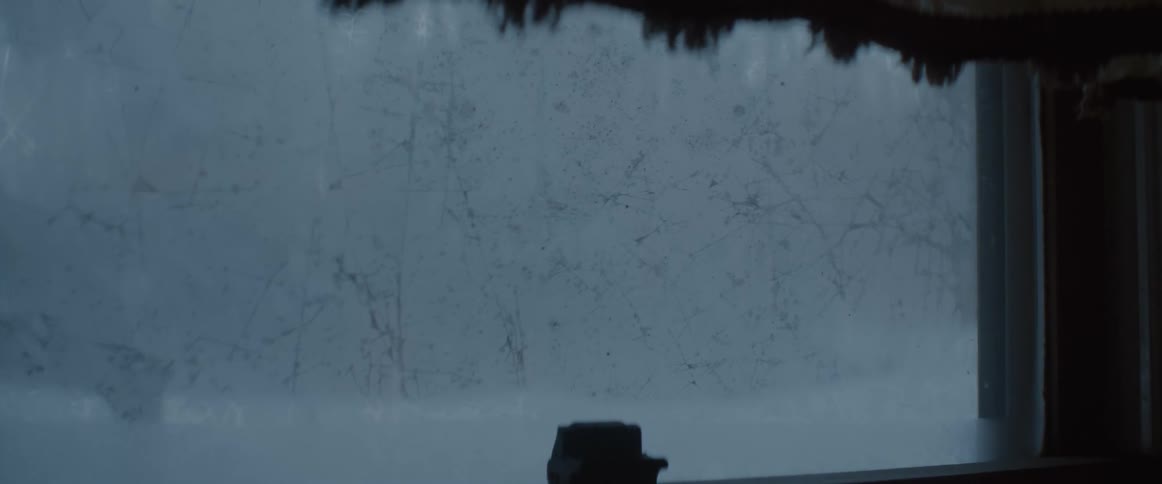 A snow covered forest through a window