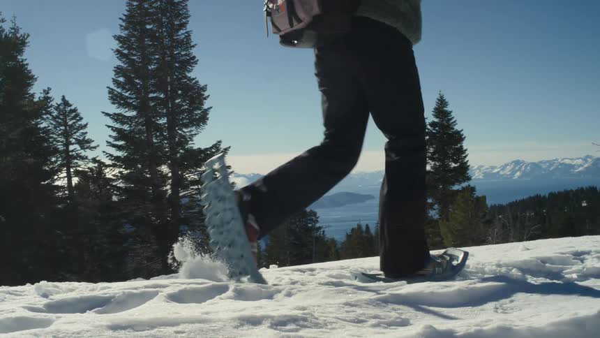 Man wearing snow rackets walking over the snow atop a mountain near a pine tree forest
