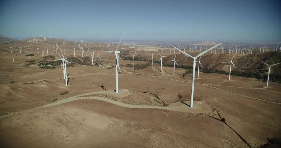 Aerial view of wind turbines on wind farm