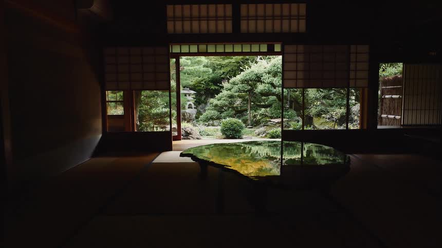 Walking out of a dark home into a beautiful japanese garden