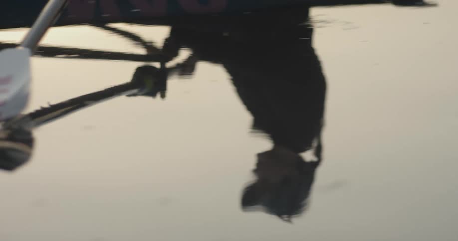 Oars skim over smooth water before splashing through the surface reflection of a crew member