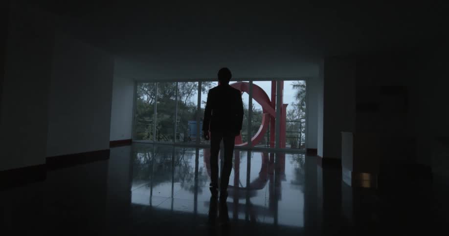 Man walking towards the glass window on an empty apartment living room