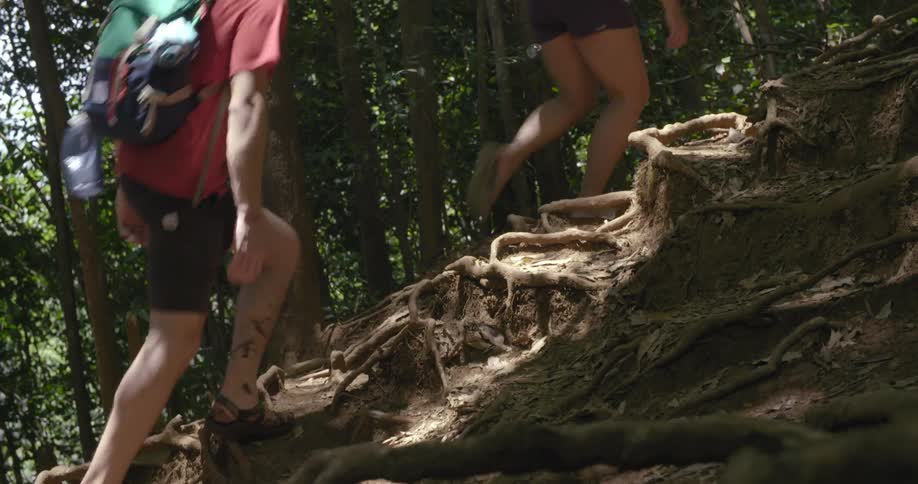 Two people hike up the hill