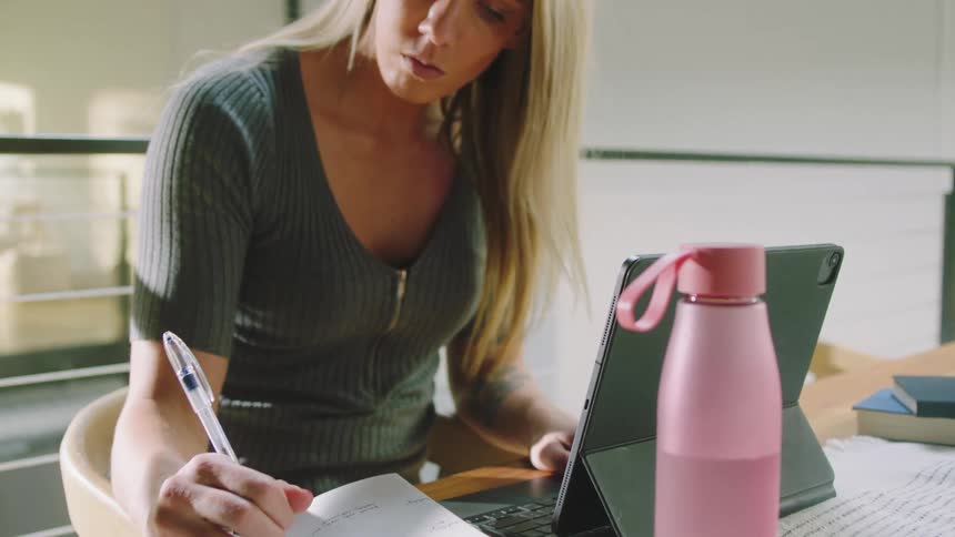Woman works in home at table with tablet and notebook