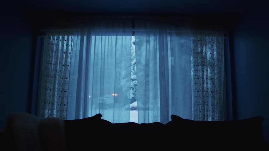 A large window in a home with a snow covered tree and lawn outside