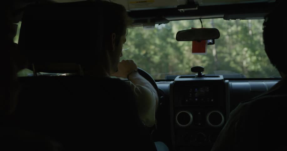 Man sitting in car talks to man and drives car on forest road