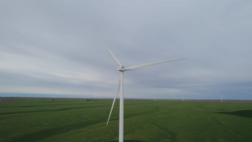 Wind turbines spin in a field