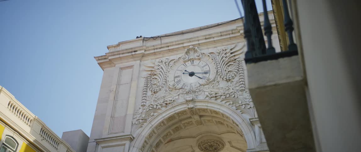 A clock tower in a city