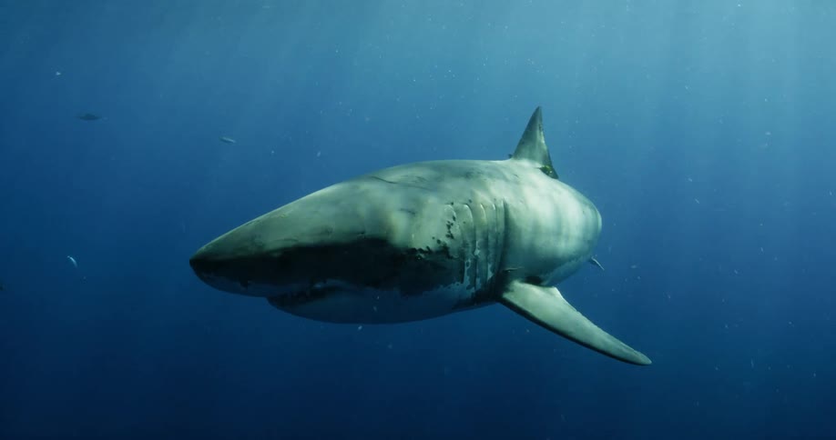 A shark swims around some small fish