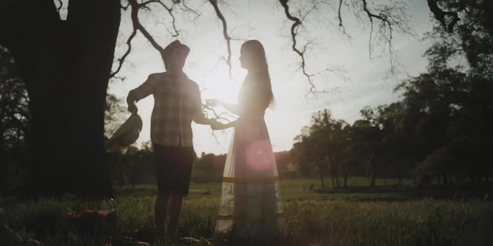 A couple standing in a field next to a large tree holding hands