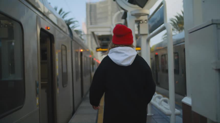 A person on a platform walks past subways