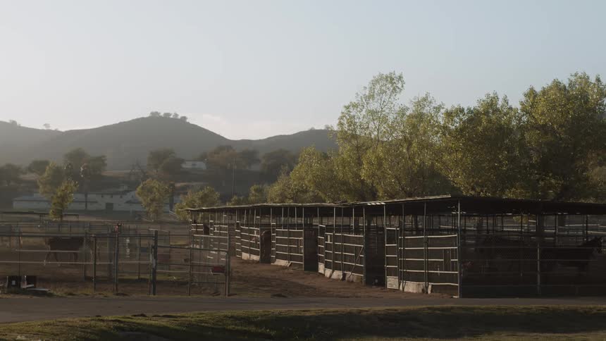 Horse stables outdoors on a ranch in the countryside