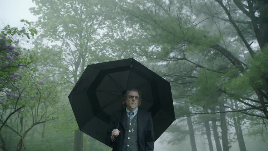 A man walking with an umbrella with trees the sky and clouds in the background