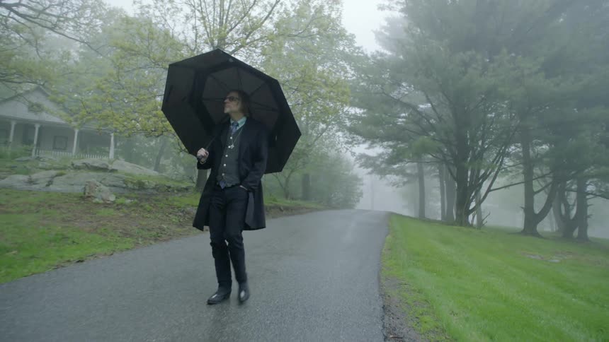 A man with an umbrella walking in the rain