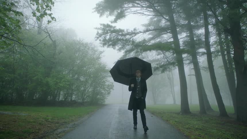 A man walking down a foggy road