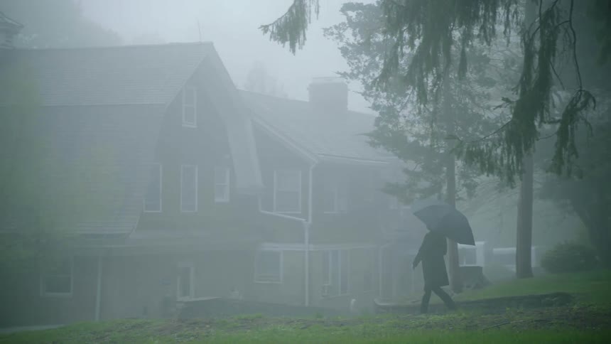 A man walking with an umbrella on a foggy pathway through the woods toward a house